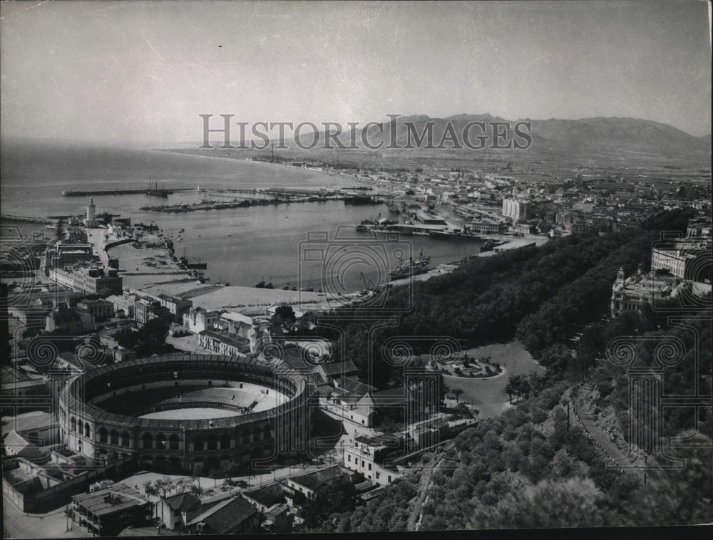1945 aerial view of the coast city Malaga, Gibraltar - Historic Images