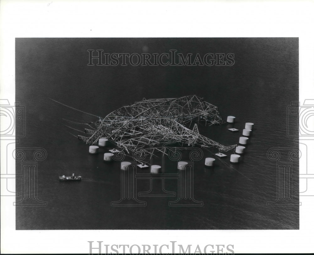 1989 Downed Power lines and 2 Towers across ship channel, Houston - Historic Images