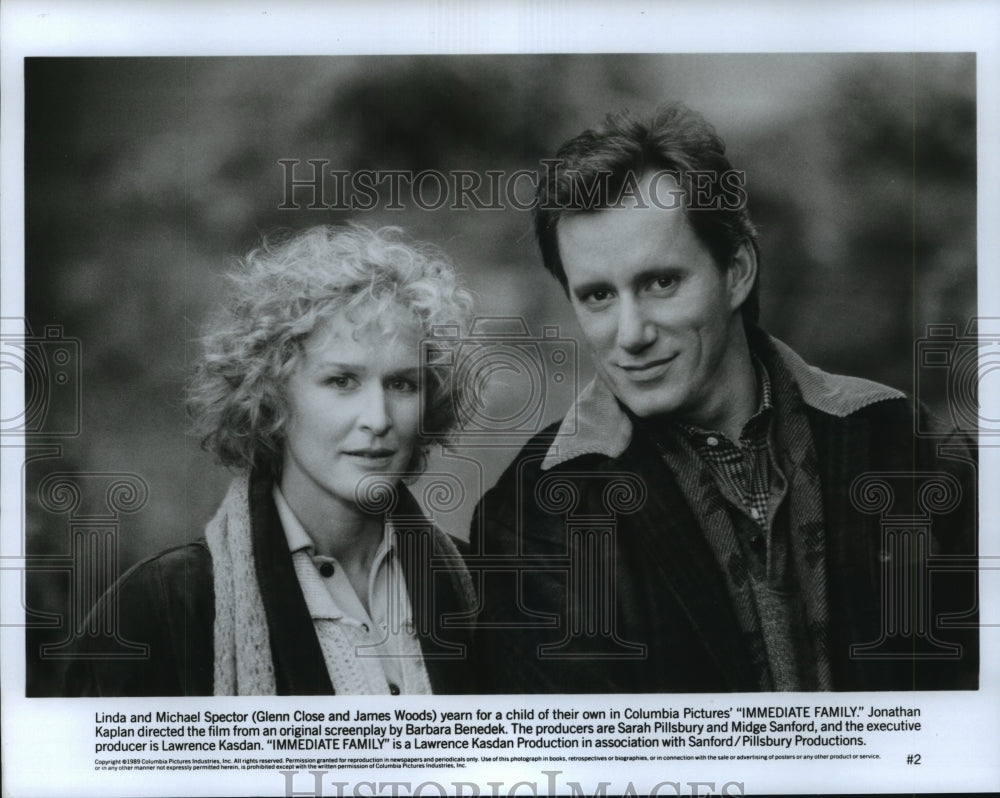 1989 Press Photo Glenn Close &amp; James Woods &quot;Immediate Family&quot; Columbia Pictures - Historic Images