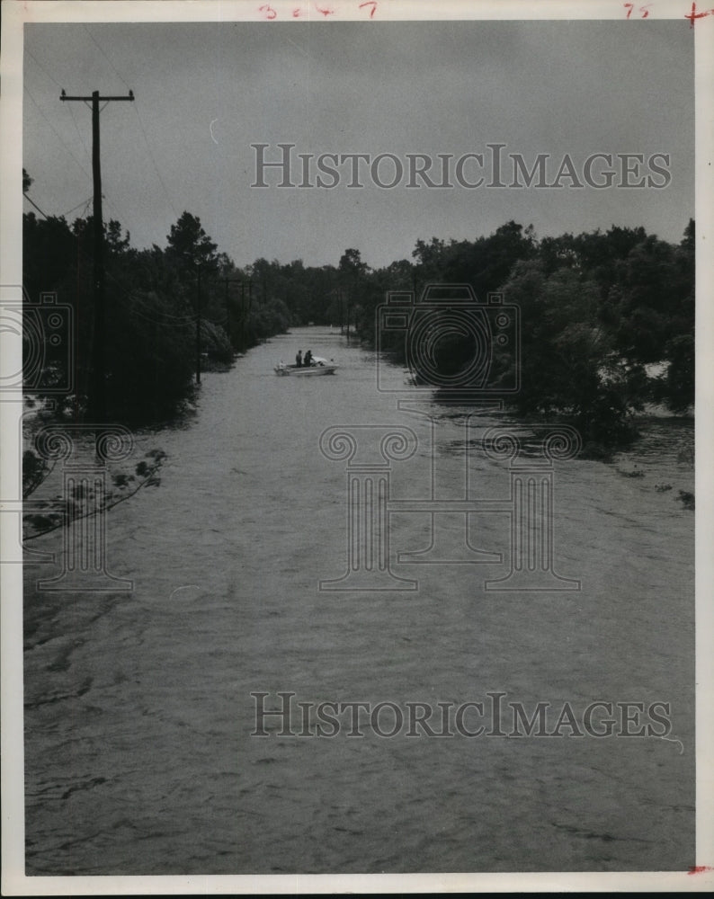 1961 Rescue Workers Cruise Down Flooded Monmouth Dr, Hurricane Carla - Historic Images