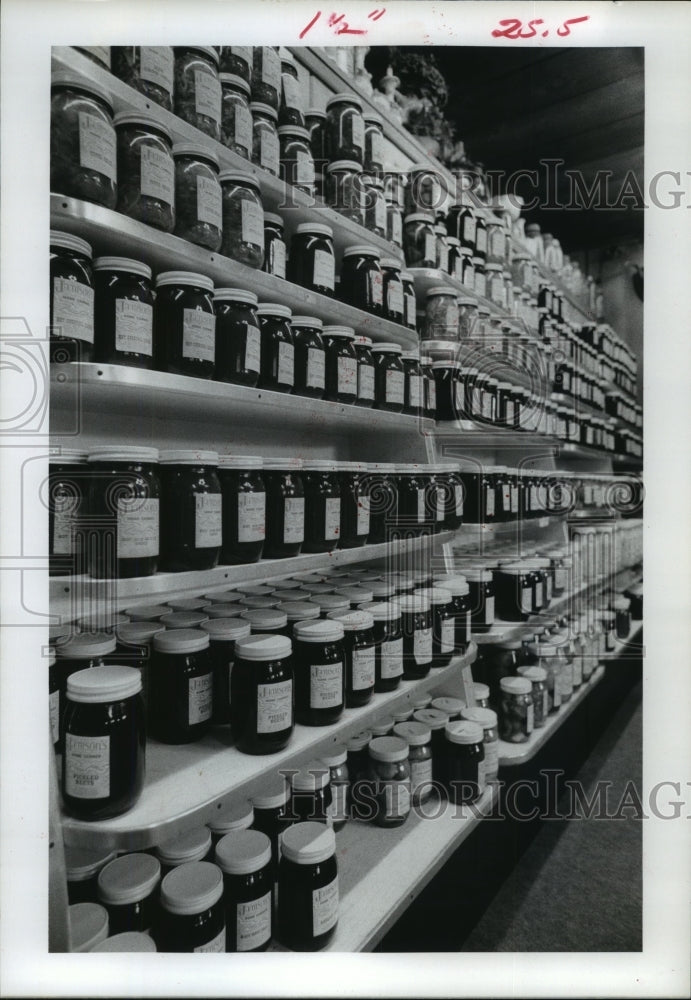 1975 rows of jellies and preserves from Jamison Farms, Texas - Historic Images