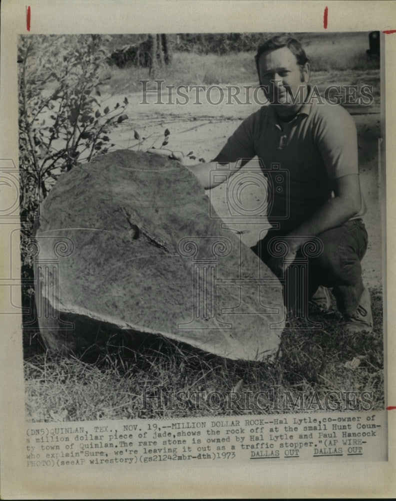 1973 Hal Lytle with his million-dollar piece of Jade, in Quinlan, TX - Historic Images