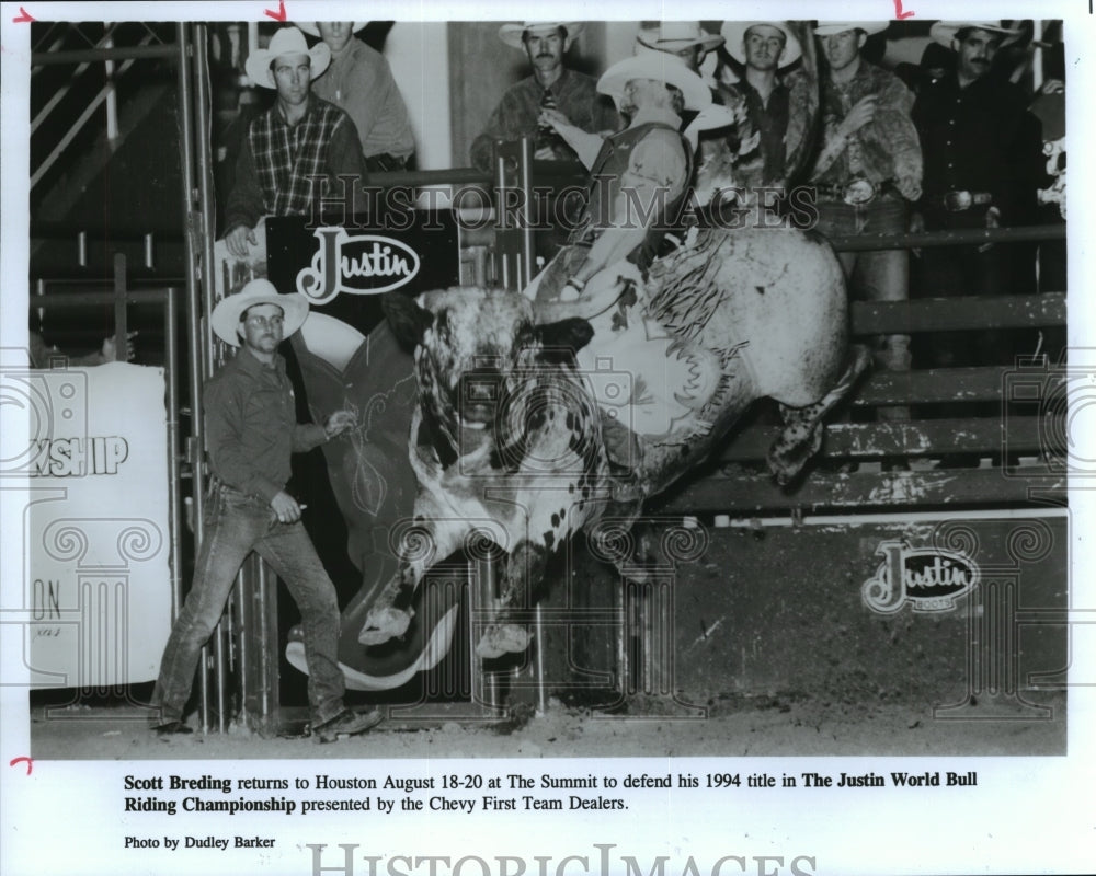 1995 Press Photo Bull riders at Justin World Bull Riding Championship, Houston - Historic Images