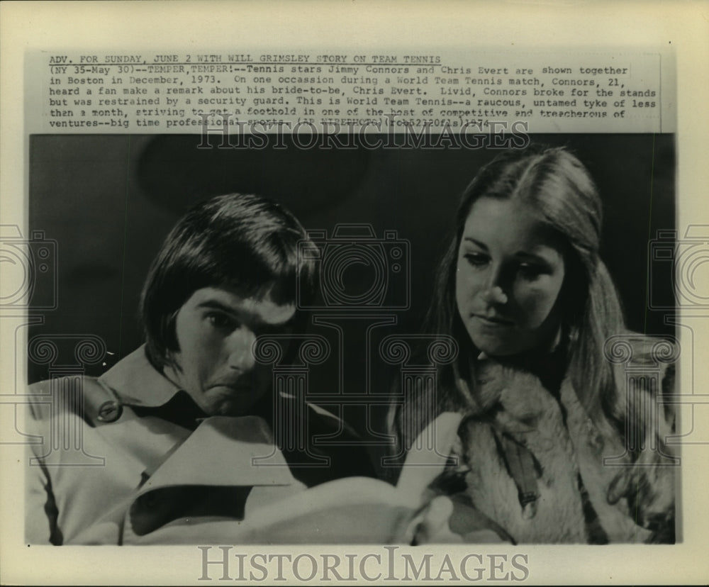 1974 Press Photo Tennis stars Jimmy Connors and Chris Evert in Boston - Historic Images