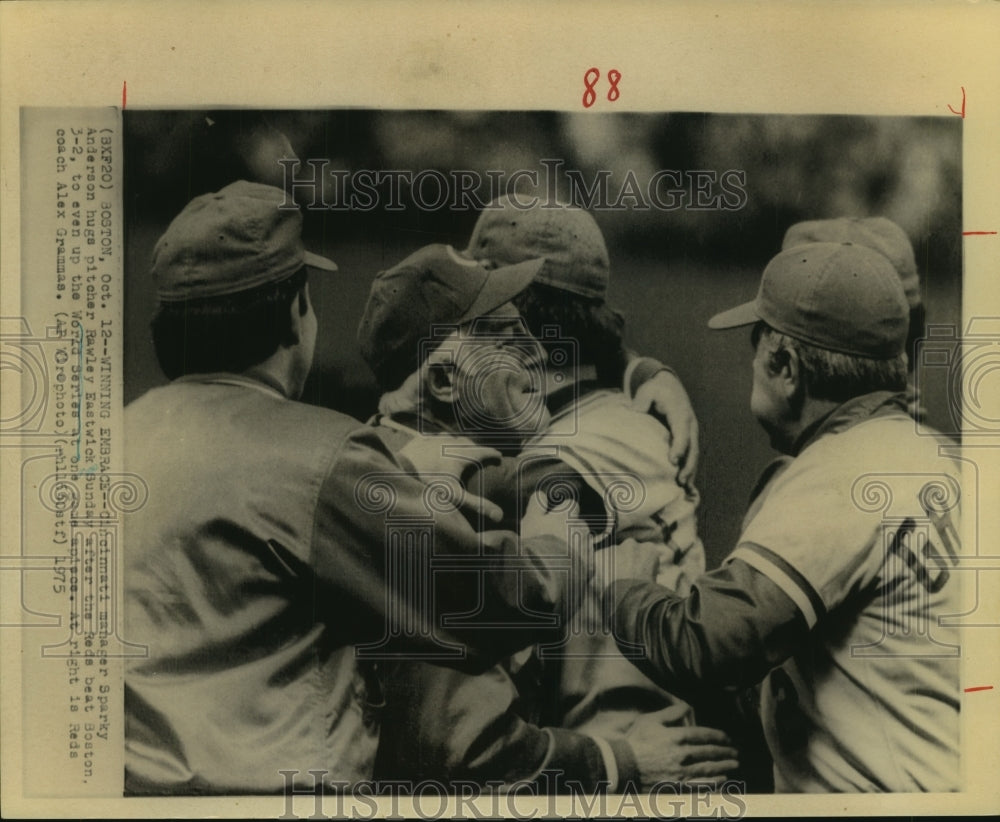 1975 Cincinnati Manager Sparky Anderson Hugs Pitcher Rawley Eastwick - Historic Images