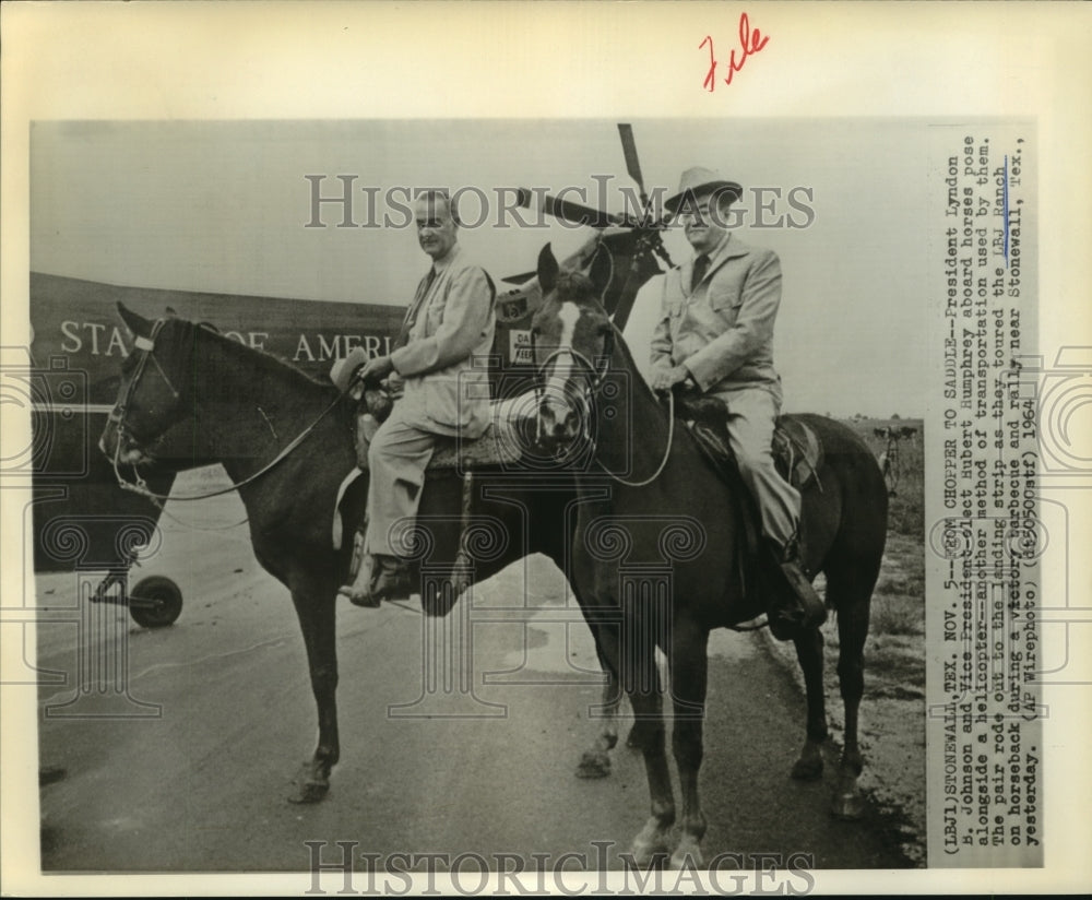 1964 Pres. Lyndon Johnson, Hubert Humphrey, horseback at LBJ Ranch - Historic Images