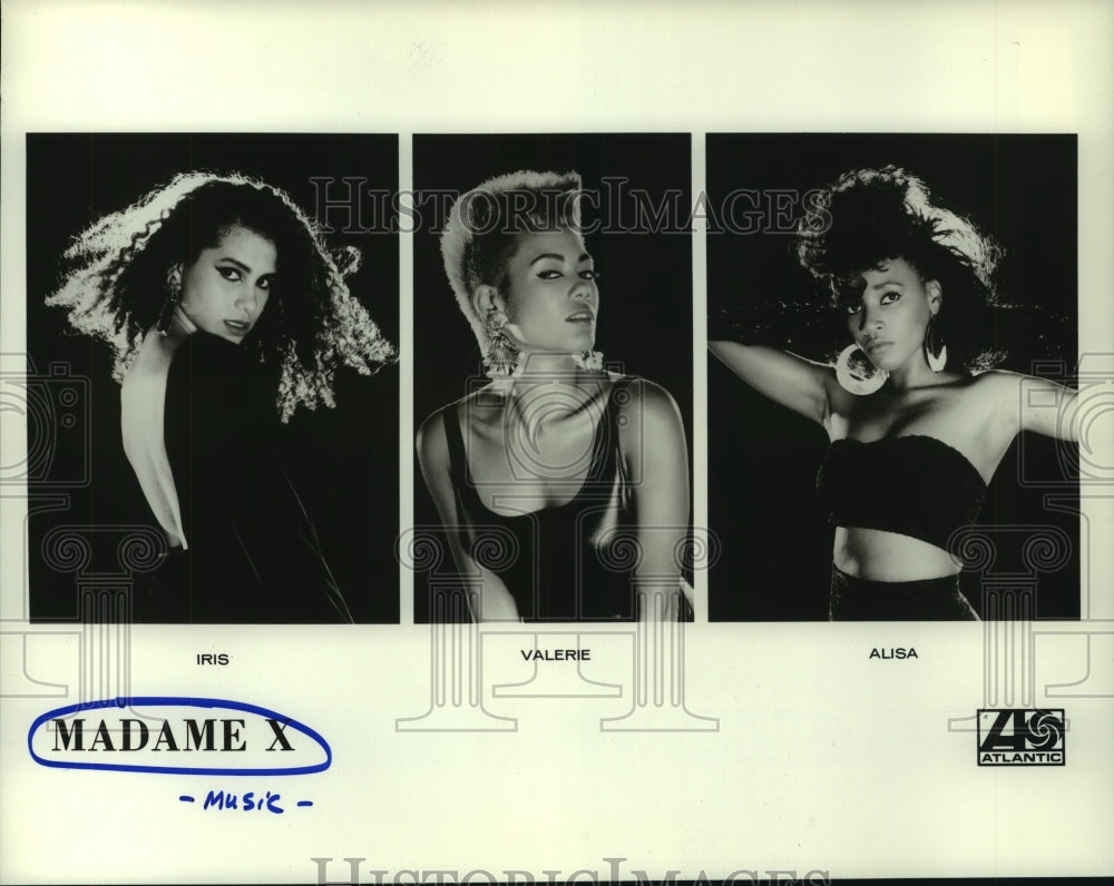 1987 Press Photo Iris, Valerie & Alisa, Members of the MADAME X Music Group. - Historic Images