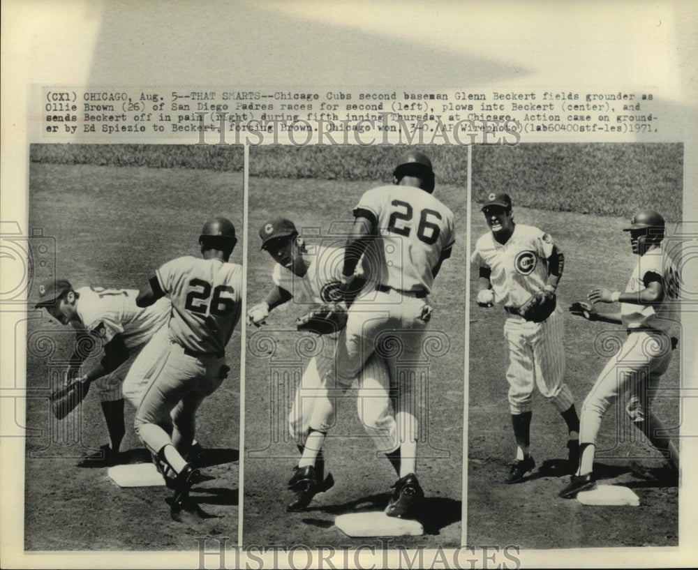 1971 Chicago Cubs Glenn Beckert fields grounder as Ollie Brown