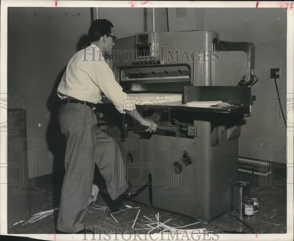 1952 John R. Augat Demonstrates Cutting Machine at Prudential - Historic Images