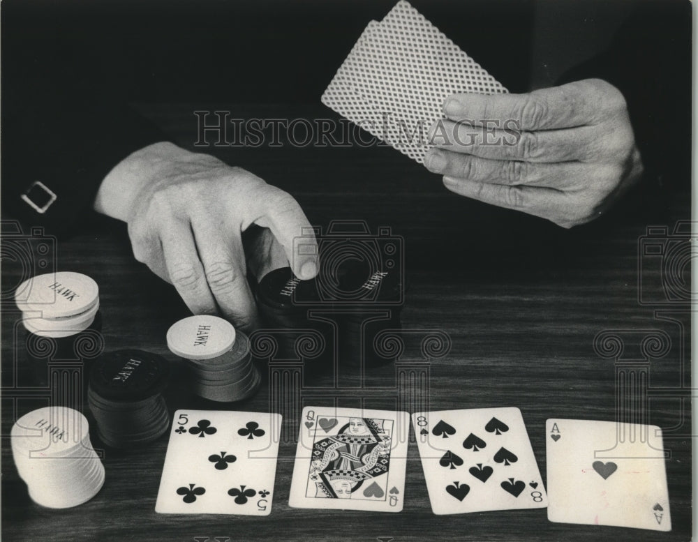 1971 Straus Studies Poker Hand Thoughtfully Before Betting - Historic Images