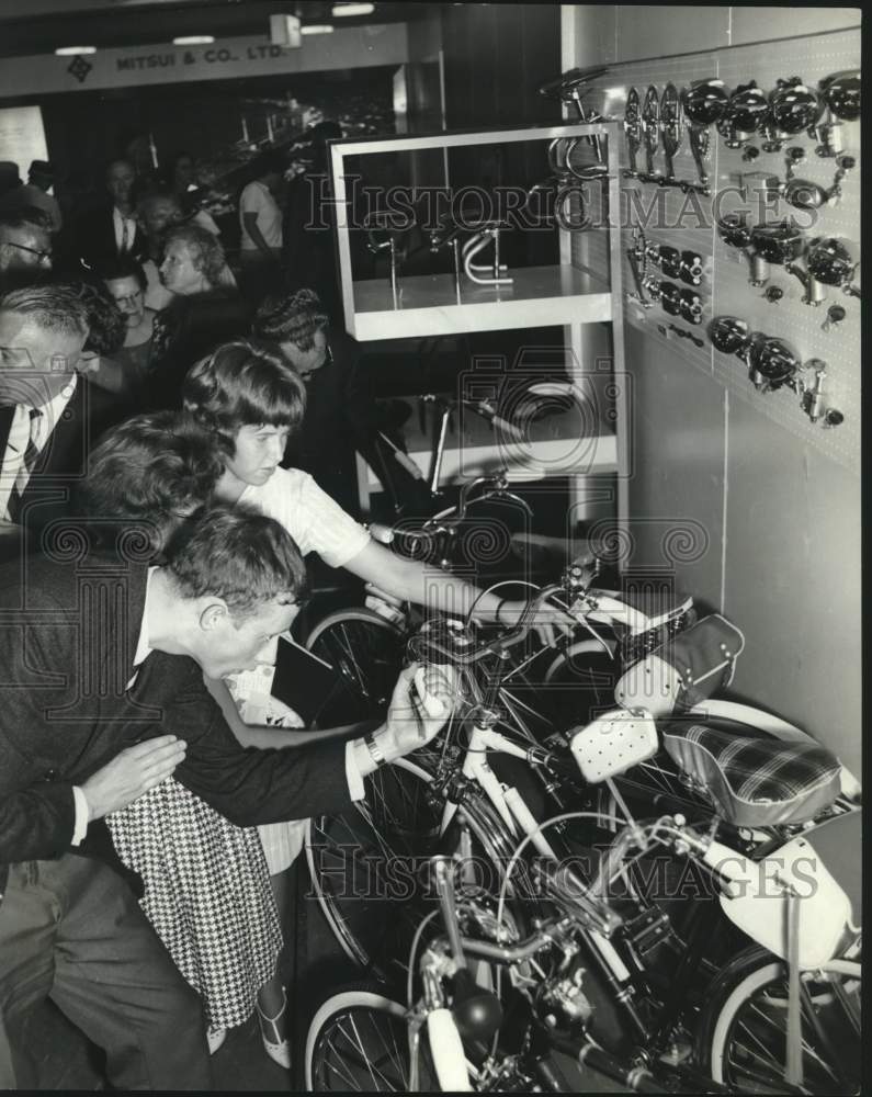 1967 Visitors see bike exhibit on Japanese Ship in La Havre, France-Historic Images