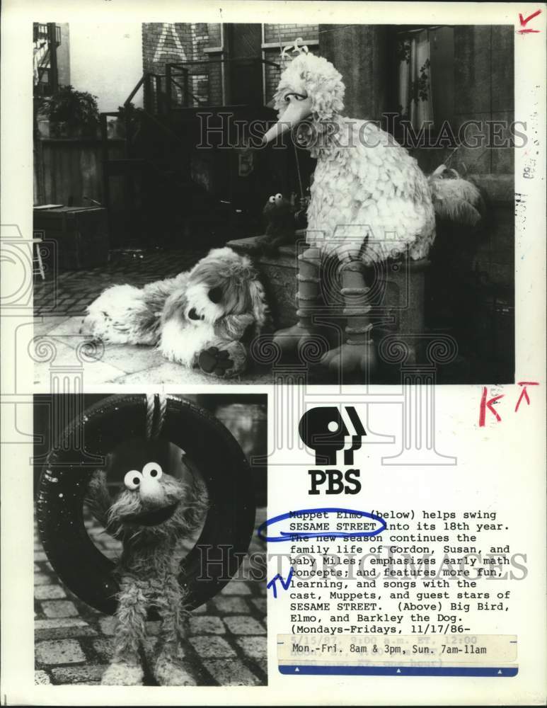 1986 Press Photo Big Bird and Elmo Help Sesame Street Start Its 18th Year - Historic Images