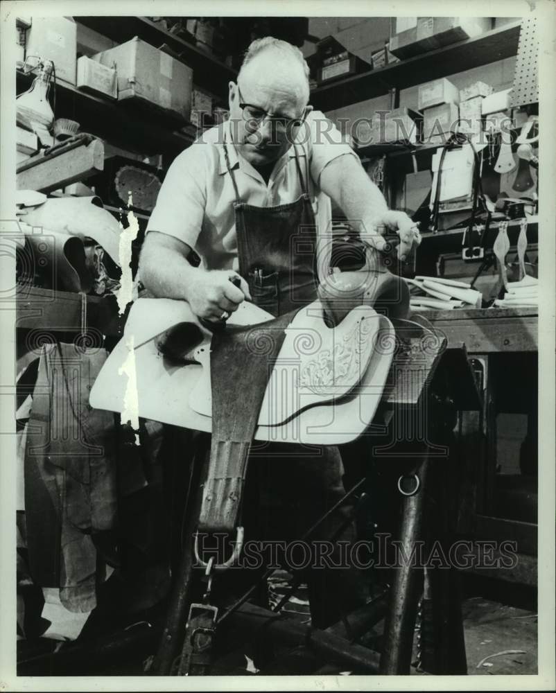 1962 Saddle maker W.D. Decker at Stelzig's store in Houston-Historic Images