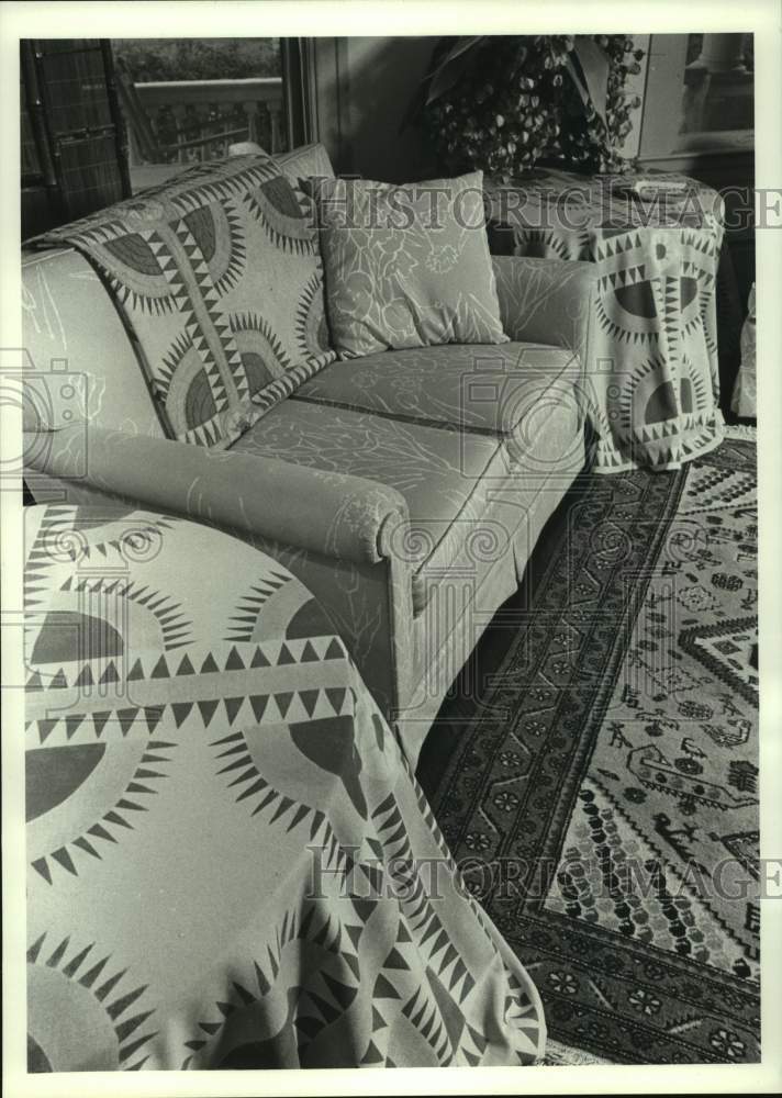 1982 Stenciled fabric on table, sofa and rug - Historic Images