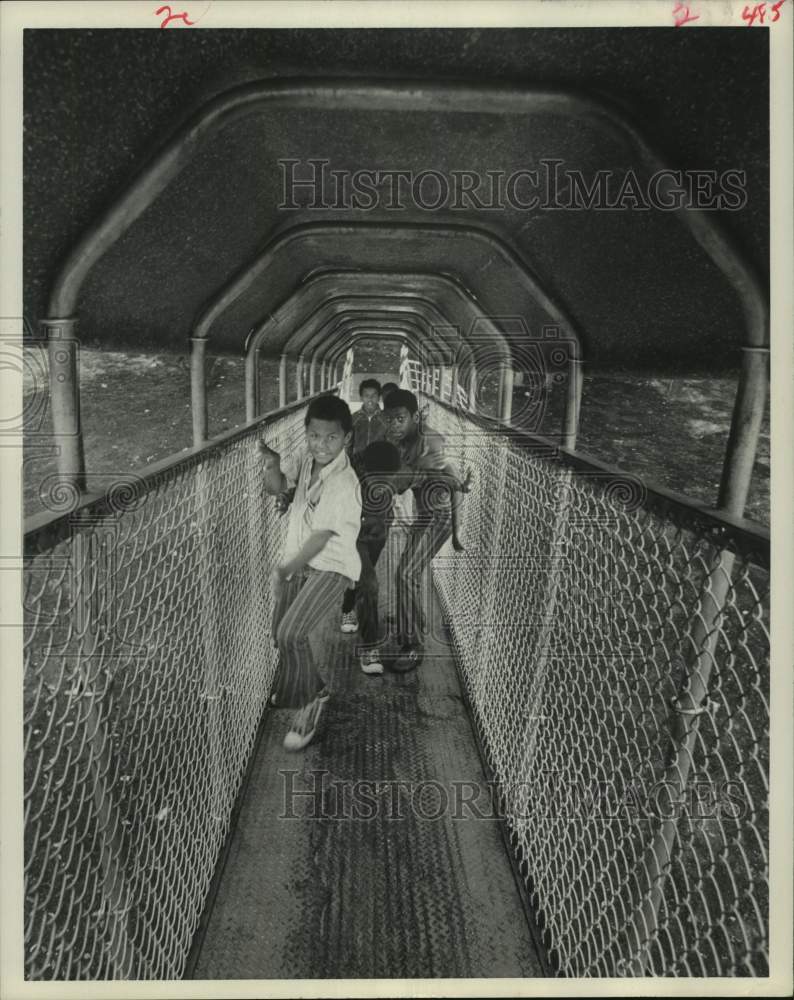 1971 Youngsters play on bridge at Tidwell Park in Houston - Historic Images