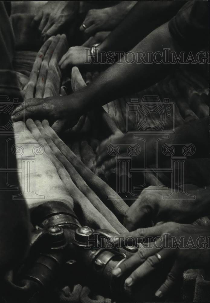 1967 Firefighters load hoses at Texas Firemen&#39;s Training School-Historic Images