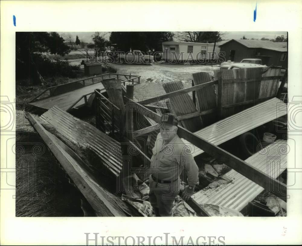 1987 Frank McMillian Stands Near Tornado Destroyed Barn, East Texas - Historic Images