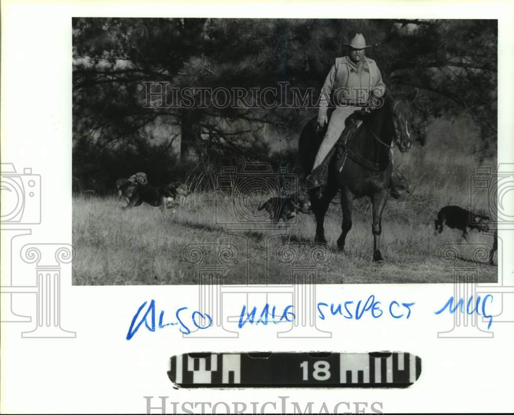 1991 Press Photo TX Dept of Correction officer hunts area on horseback with dogs - Historic Images