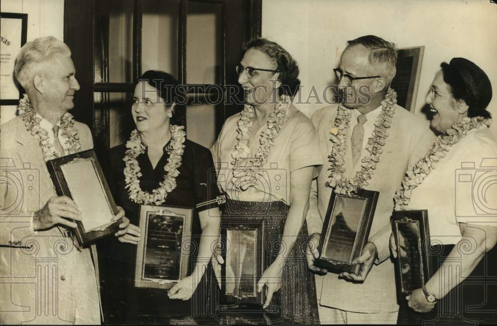 1956 Five teachers smile with orchid leis, Deady Junior High Schoo-Historic Images