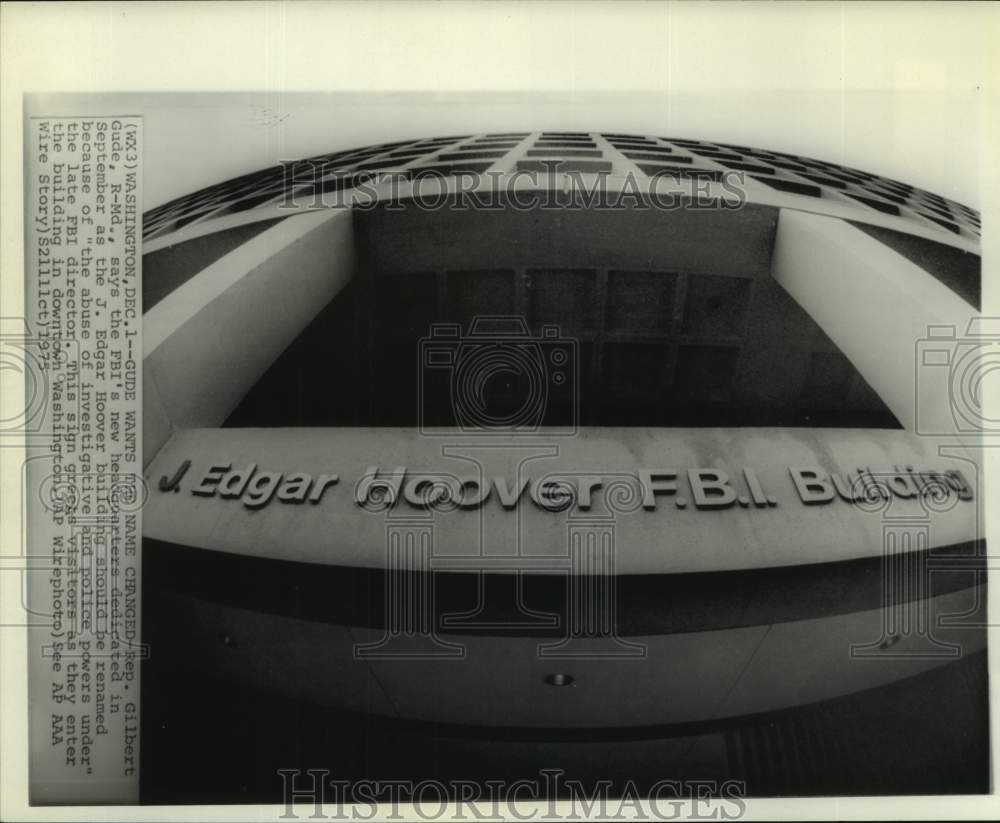 1975 Press Photo Entrance sign to FBI headquarters in D.C. - J. Edgar Hoover - Historic Images