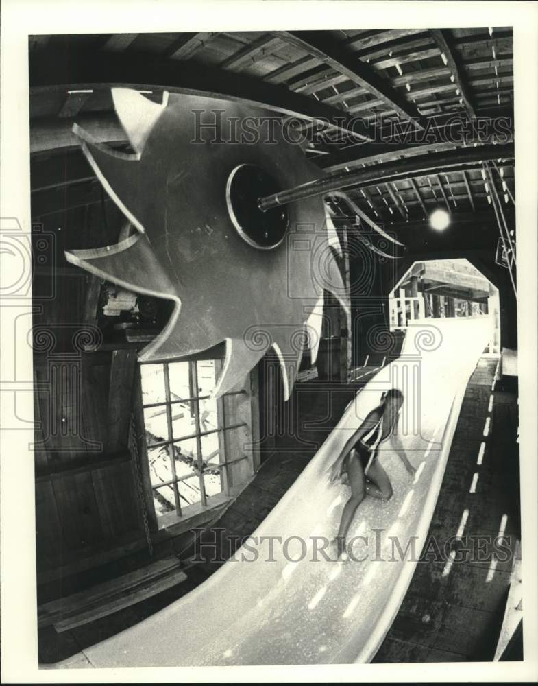 1982 Visitor Having Fun on Water Slide in Texas - Historic Images