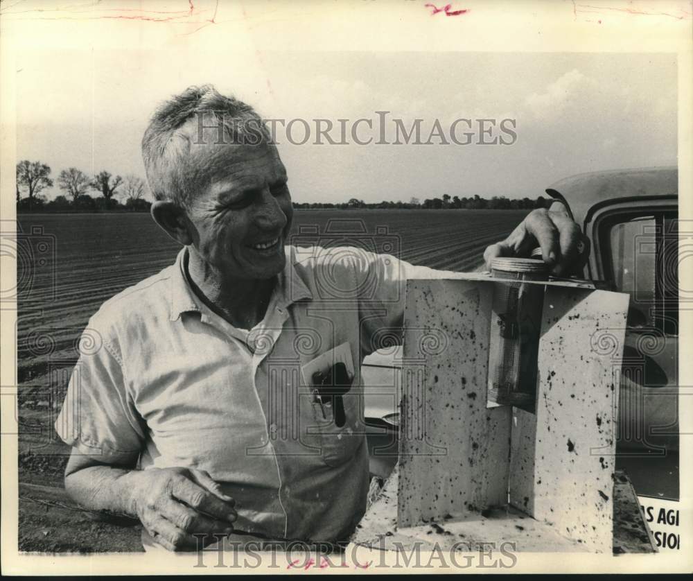 1971 Press Photo Henry Smith With Boll Weevil Trap on Albin Boerner Farm, Texas - Historic Images