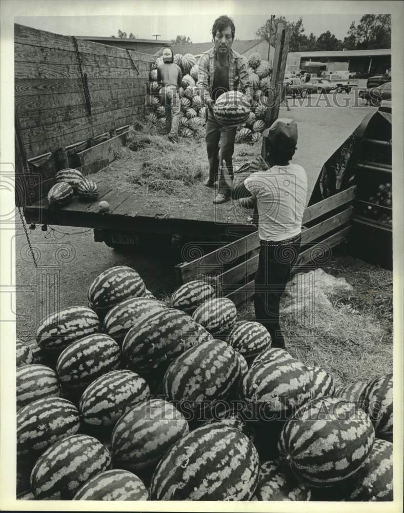 1983 Press Photo Men unload watermelon truck - Historic Images