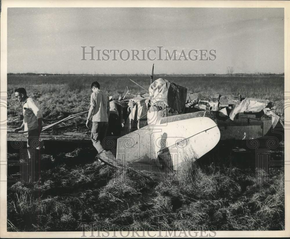 1962 Individuals Inspect Airplane Wreckage Debris, Houston, TX - Historic Images