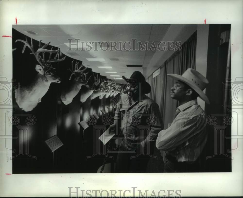 1991 Men view deer specimens at Houston Livestock Show & Rodeo - Historic Images