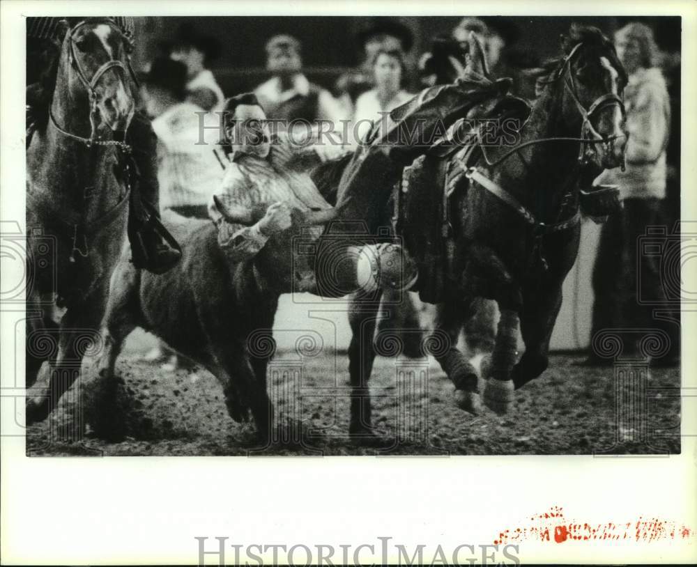 1990 Bill Vincett in steer wrestling event at Houston Livestock Show - Historic Images