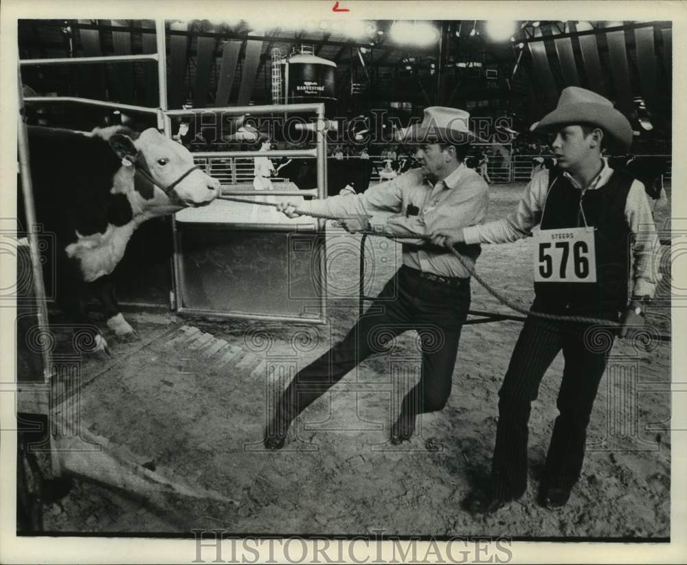 1970 Press Photo David Donnel gets help pulling cow off scale at show in Houston - Historic Images