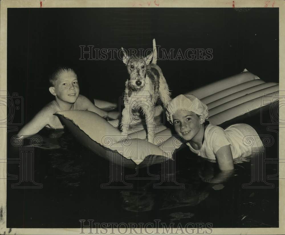 1959 Bobby and Mary DeBell and Dog Enjoy Flood on Raft, Houston, TX-Historic Images