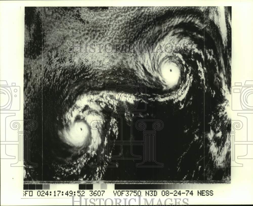 1974 North Pacific Satellite Image of Hurricanes Ione and Kirsten - Historic Images