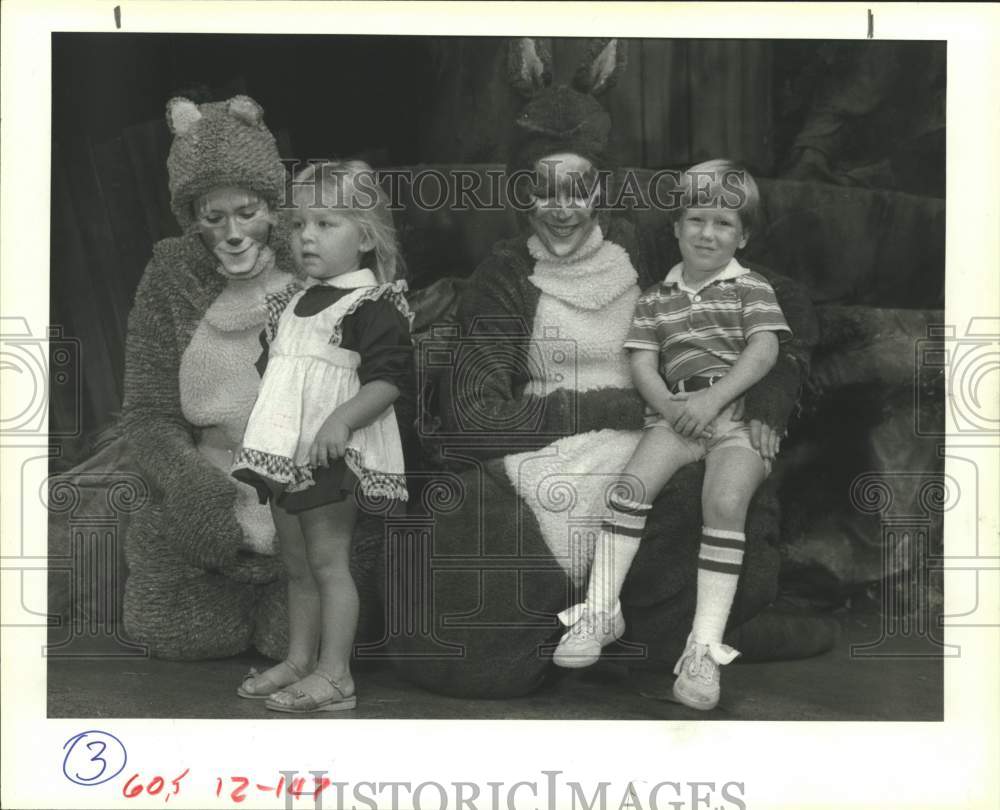 1983 Kids pose with Winnie the Pooh characters - Alley Theater, TX-Historic Images