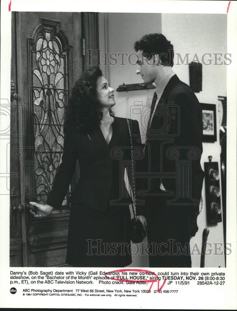 1991 Press Photo Bob Saget & Gail Edwards in scene from "Full House" episode - Historic Images