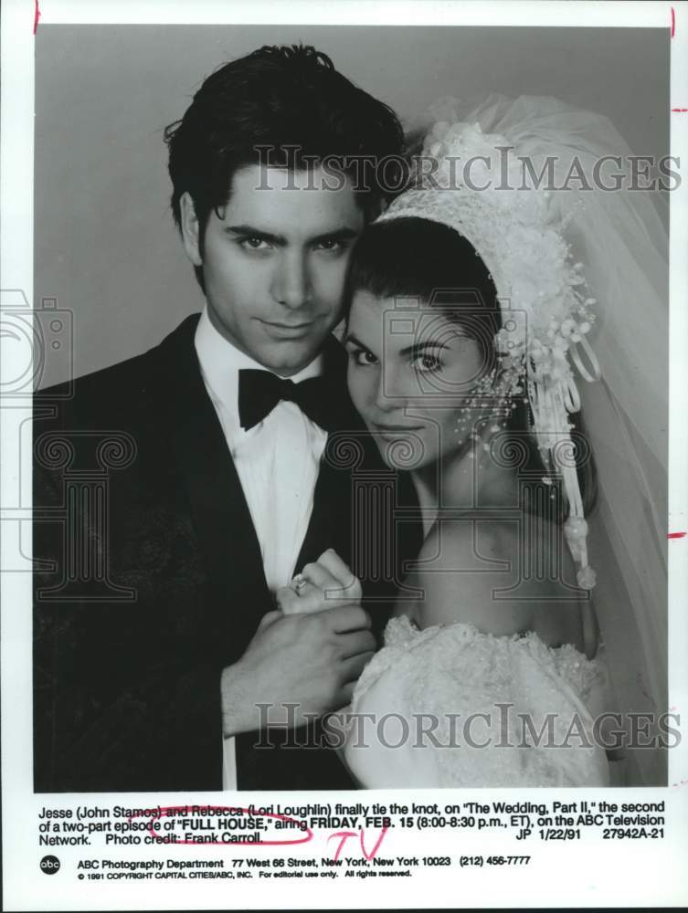1991 John Stamos and Lori Loughlin on set of "Full House" - Historic Images