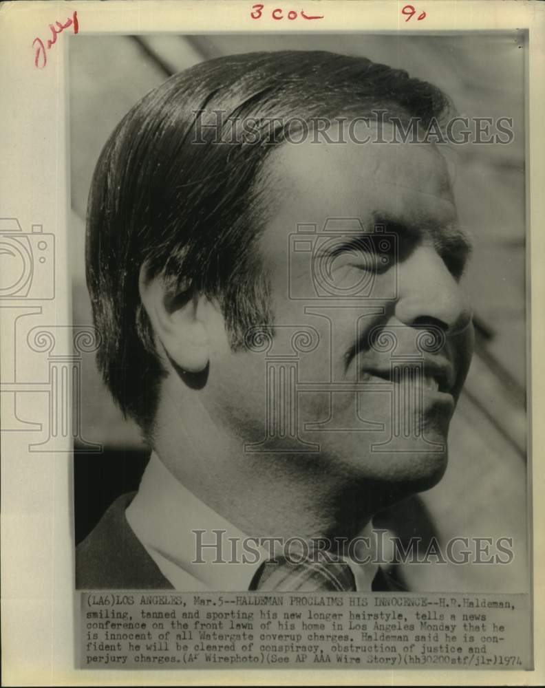 1974 Press Photo H.R. Haldeman claims innocence of Watergate - at home in L.A. - Historic Images