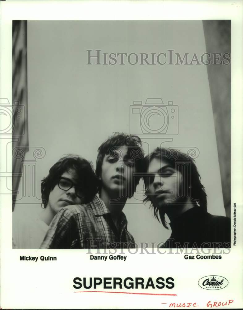 1995 Press Photo Mickey Quinn, Danny Goffey & Gaz Coombes of "Supergrass" - Historic Images