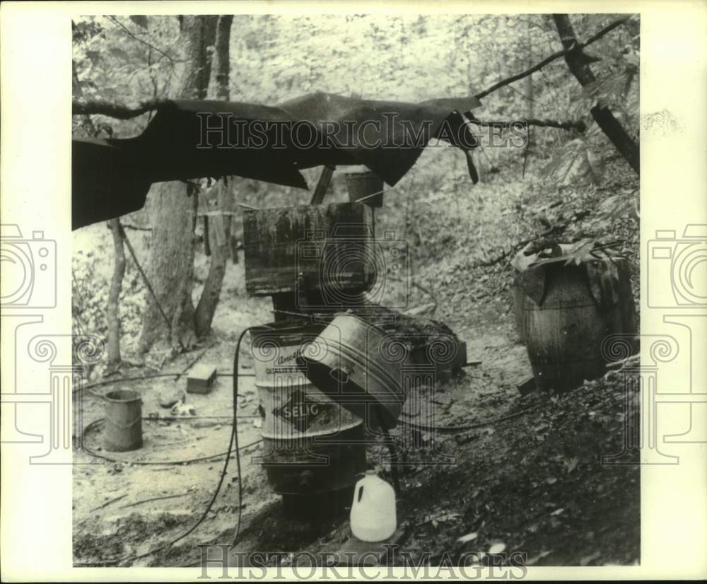 1973 Press Photo Moonshine still - wooden barrels filled with fermenting mash- Historic Images