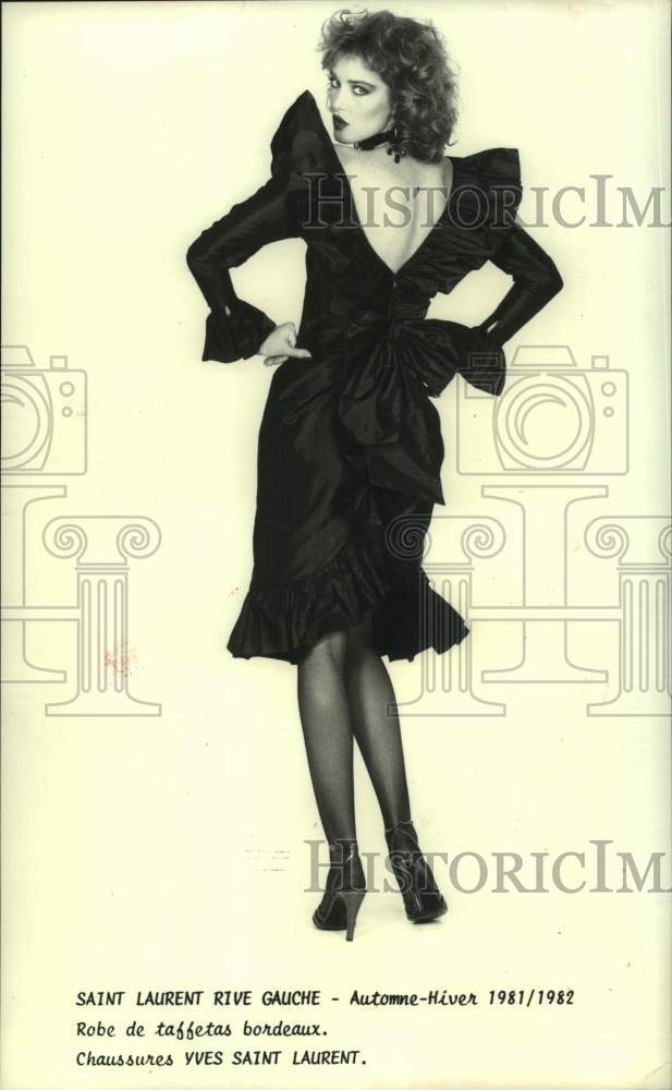 1981 Press Photo Model Shows St. Laurent&#39;s Taffeta Ruffles as Paris Evening Wear- Historic Images