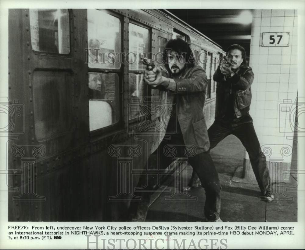 1982 Press Photo Sylvester Stallone &amp; Billy Dee Williams in &quot;Nighthawks&quot; - Historic Images