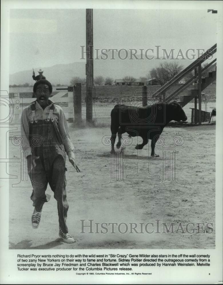 1980 Press Photo Richard Pryor runs from bull in scene from &quot;Stir Crazy&quot; - Historic Images