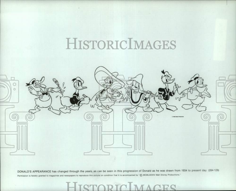 1984 Press Photo Progression of Donald Duck&#39;s appearance through the years - Historic Images