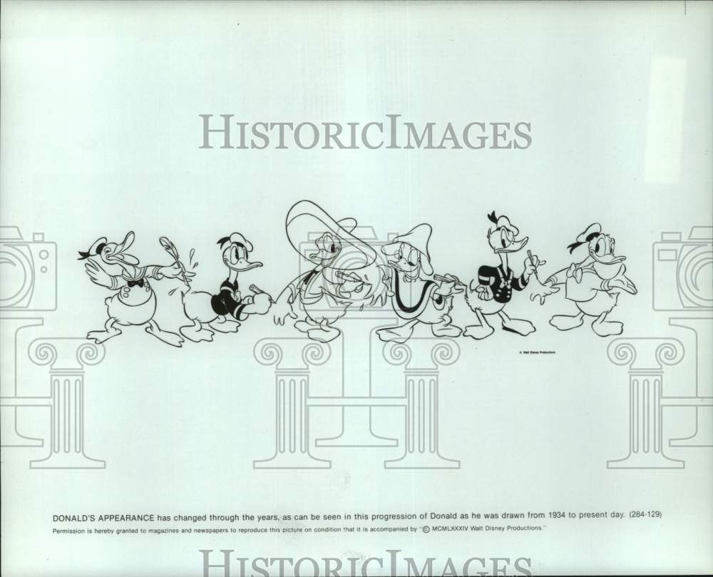 1984 Press Photo Progression of Donald Duck's appearance through the years - Historic Images