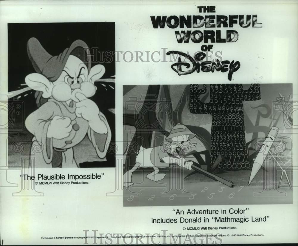 1986 Press Photo A dwarf and Donald in scenes - &quot;The Wonderful World of Disney&quot;- Historic Images