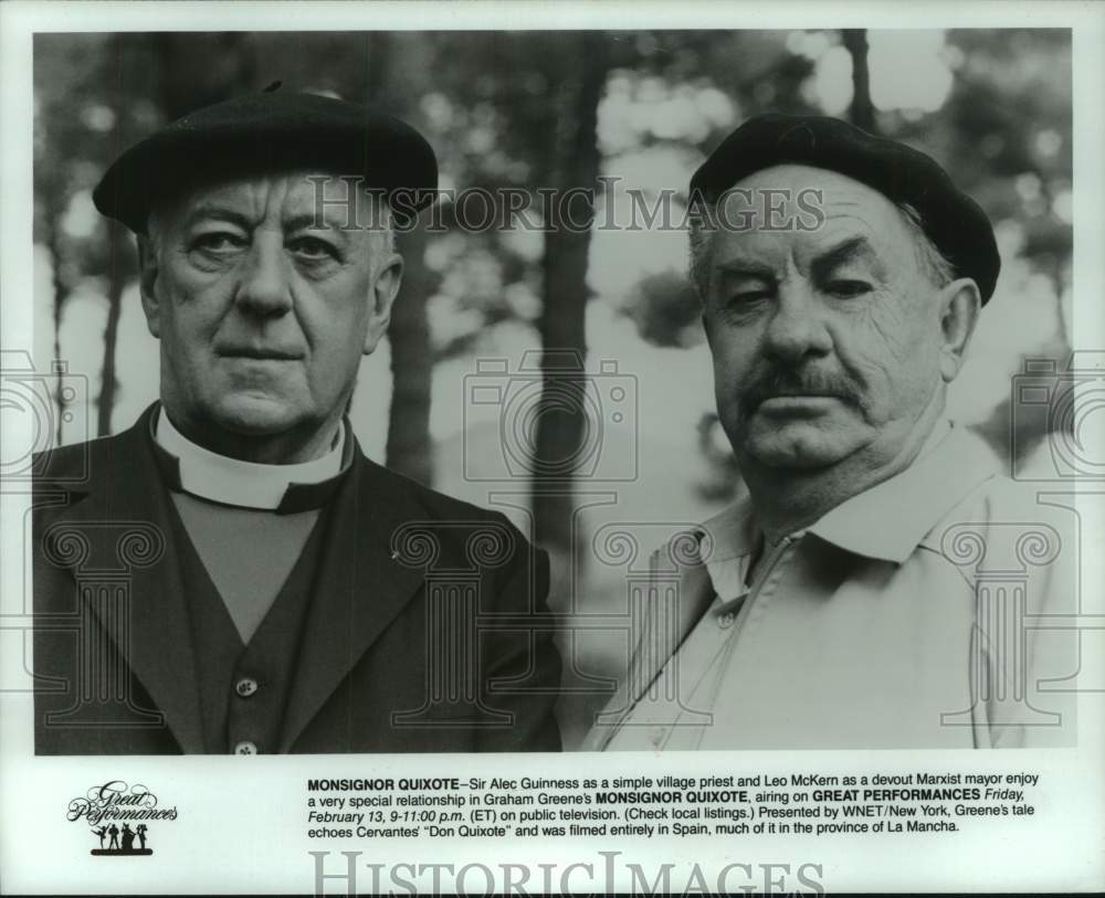 1987 Press Photo Alec Guiness and Leo McKern in scene from &quot;Monsignor Quixote&quot; - Historic Images