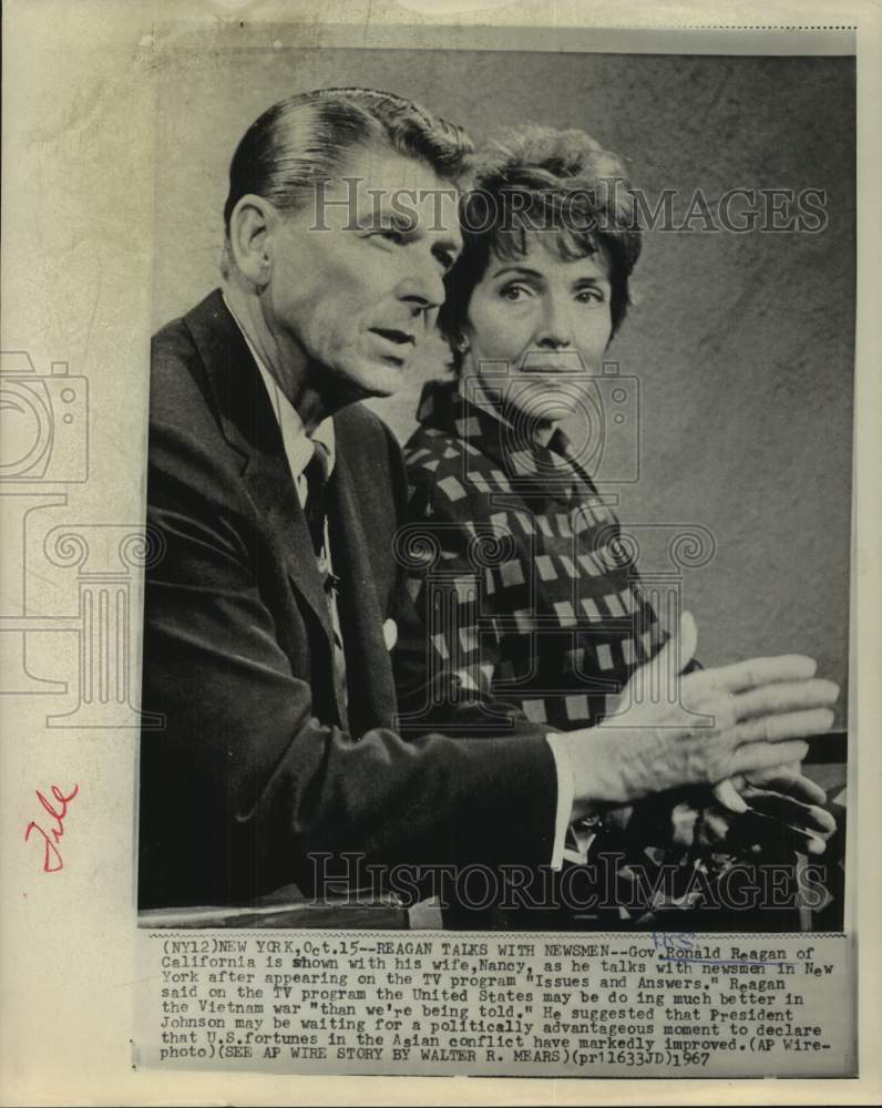 1967 Press Photo Gov Ronald Reagan and Wife Talk After Appearing on TV Show, NY - Historic Images