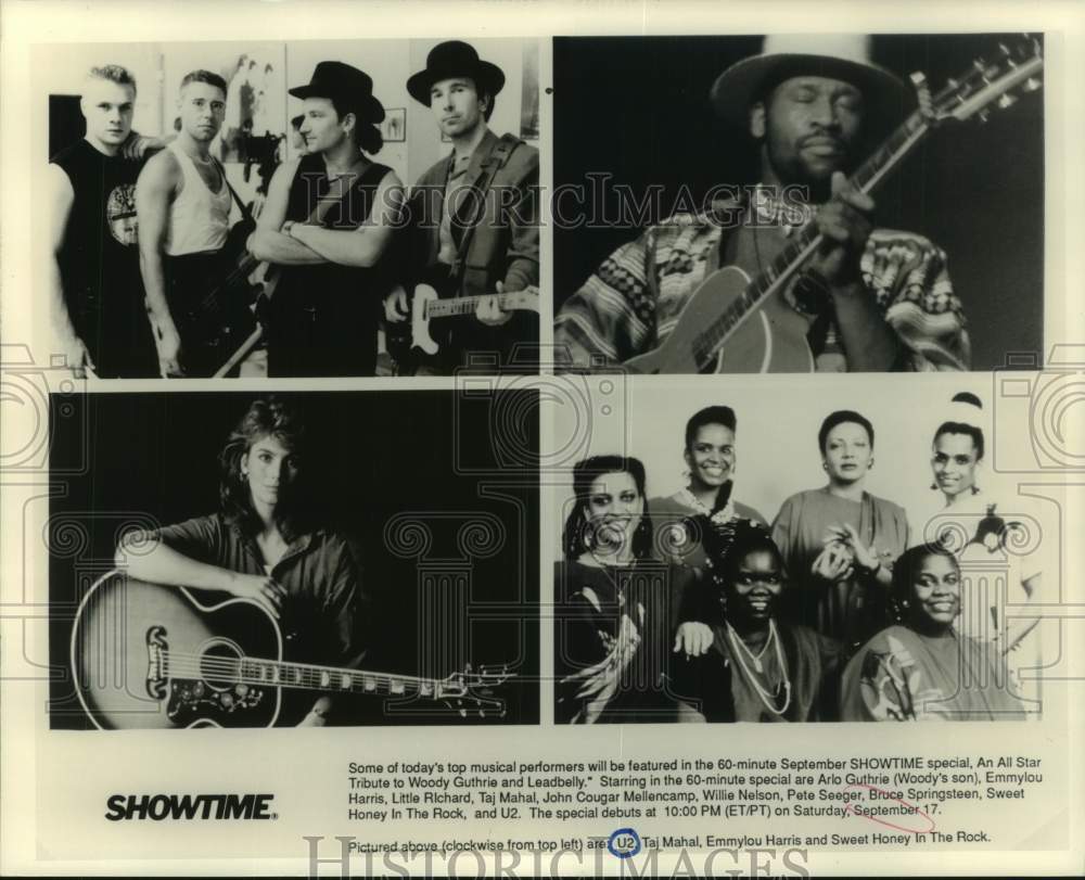 1988 Press Photo Music performers to appear in Showtime&#39;s Woody Guthrie tribute - Historic Images