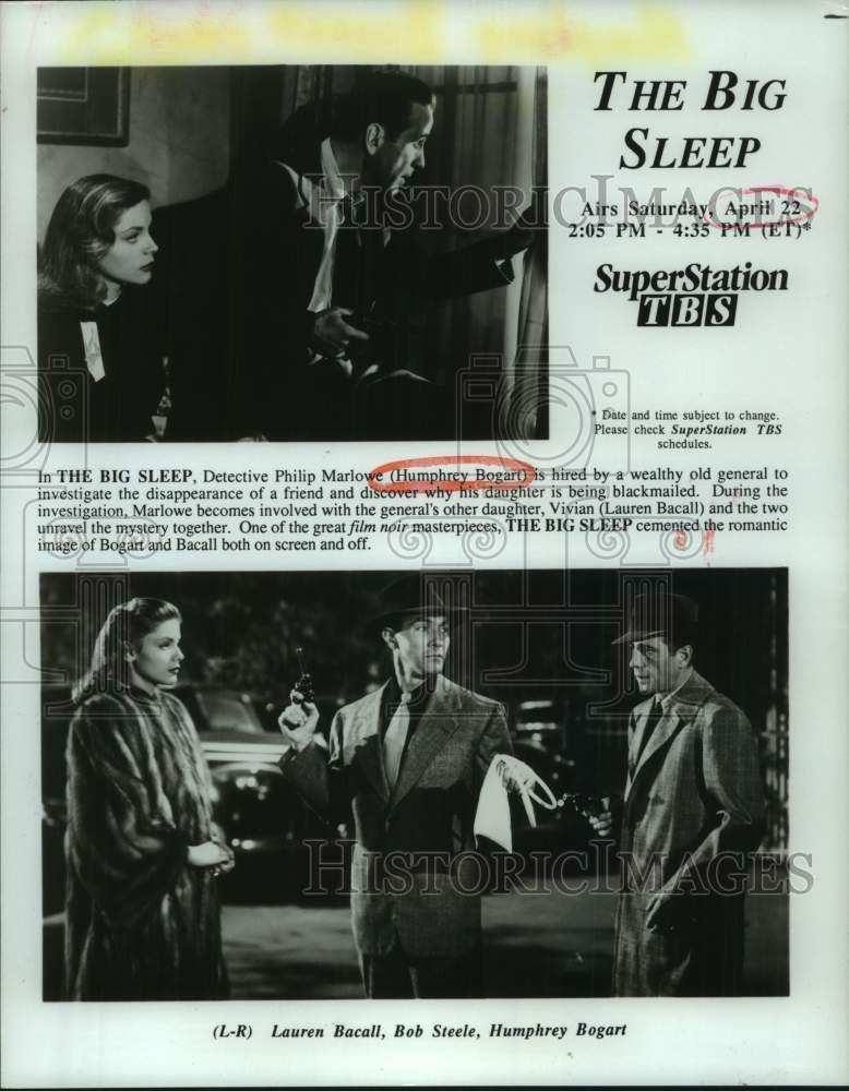 1989 Press Photo Lauren Bacall, Bob Steele and Humphrey Bogart in The Big Sleep - Historic Images