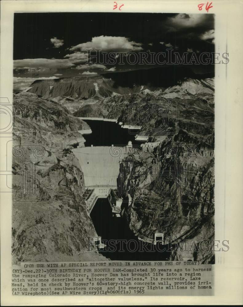 1966 Press Photo Aerial view of Hoover Dam 30 years after being built - Historic Images